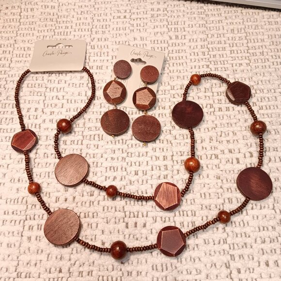 Charlie Paige women's matching set wood disc necklace & earrings - NWT - Picture 1 of 11